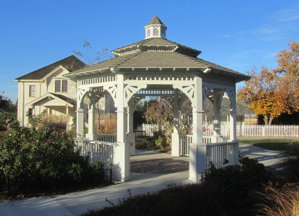 Octagon Gazebo with Pagoda Style Two-Tiered Type E, Composite Shingle Roof, Cupola, Victorian Corbels, Classic Posts, 6 Railings, 20-foot - SamsGazebos Made to Order