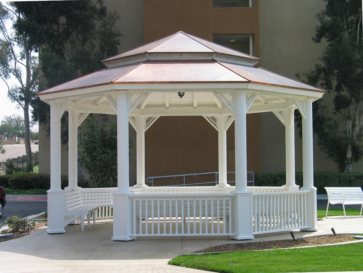 Octagon Gazebo with Copper Two-Tiered Pagoda Roof, Sunburst Corbels, Classic Steel Columns, 6 Railings, 6 Benches, 22-foot - SamsGazebos Made to Order
