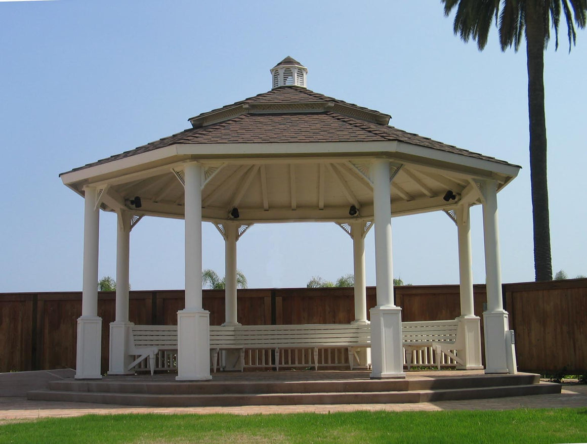 Octagon Gazebo with Cupola, Composite Shingle Roof, Two-Tiered Pagoda, Classic Steel Columns, 5 Railings, 5 Benches, 24-foot - SamsGazebos Made to Order