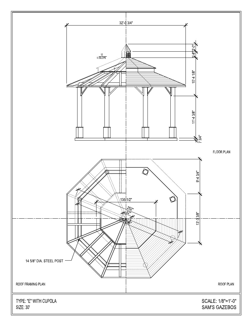 Octagon Gazebo with Copper Two-Tiered Pagoda Roof, Copper Cupola, Plain Corbels, Classic Steel Columns, 5 Railings, 30-foot - SamsGazebos Made to Order