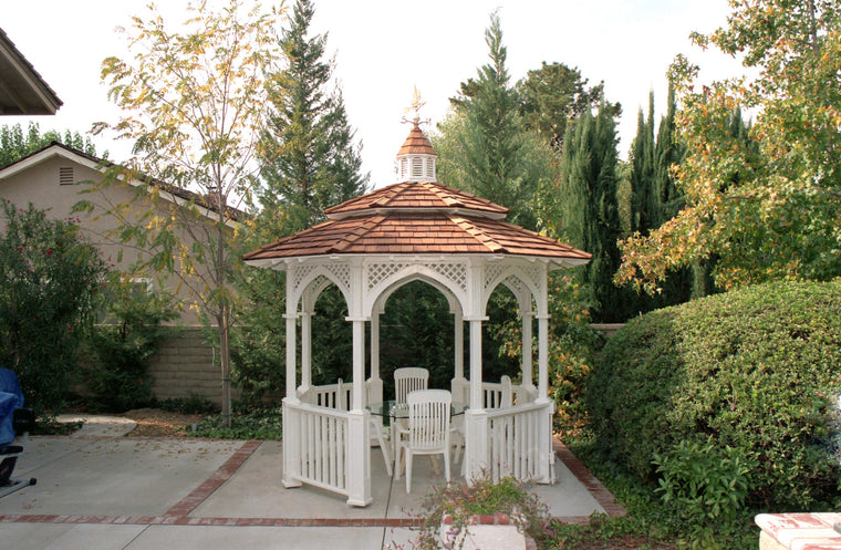 Octagon Gazebo with Cupola, two-tiered type E Shingle Roof, Lattice Arch Panels, Classic Posts, 6 railings, 12 foot - SamsGazebos Made to Order