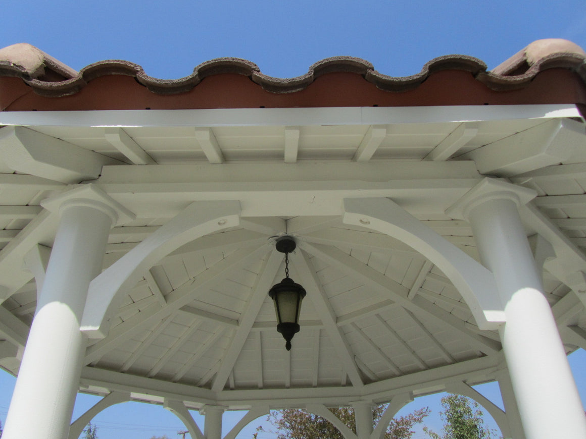 Octagon Gazebo with Single Tiered Type A, 2 x 6 T&G Roof,  Country Corbels, Classic Steel Columns, Five Handrails, 12-foot - SamsGazebos Made to Order